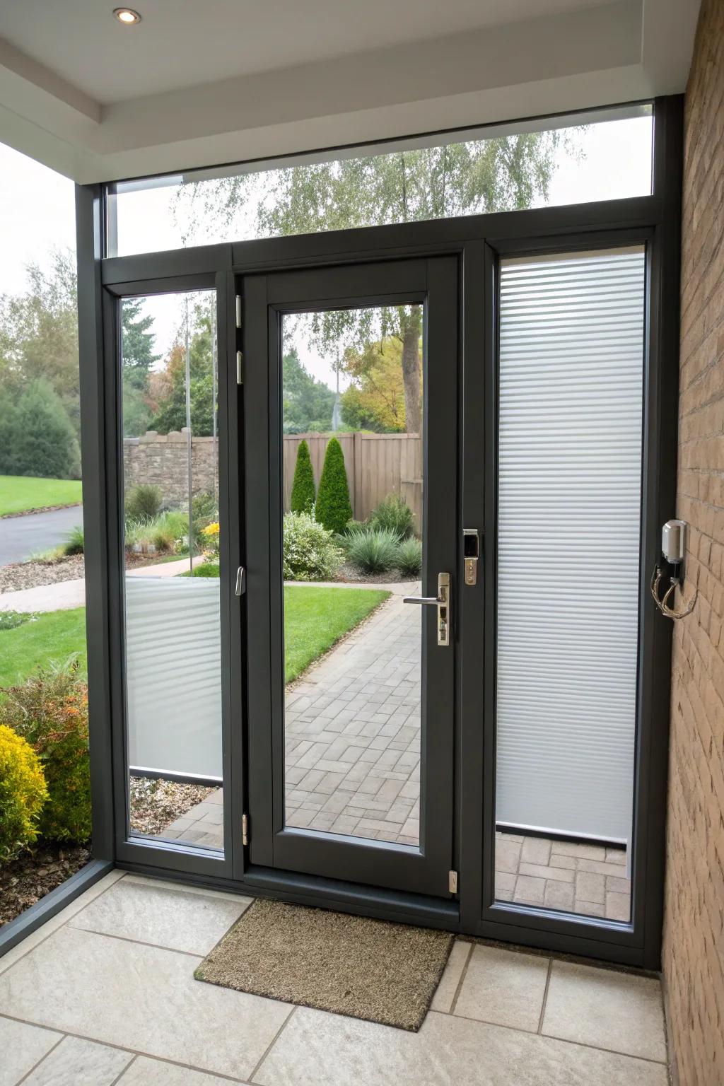 A replacement front door designed for enhanced privacy and aesthetics.