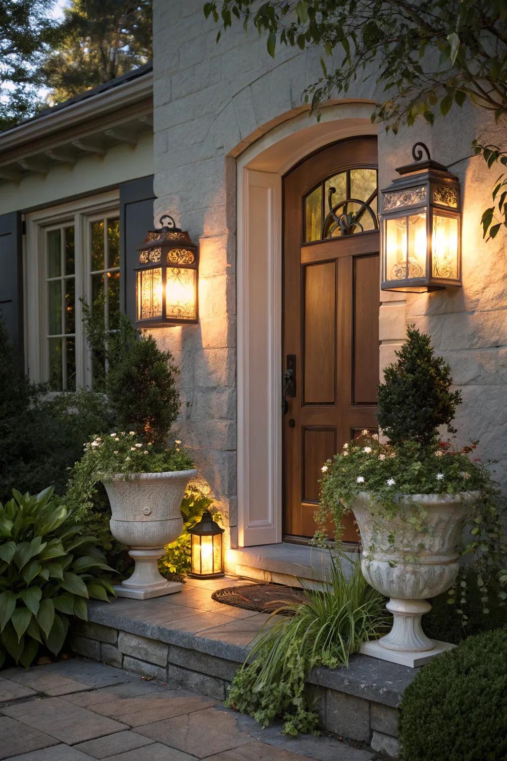 Illuminate your entrance with captivating solar lanterns.