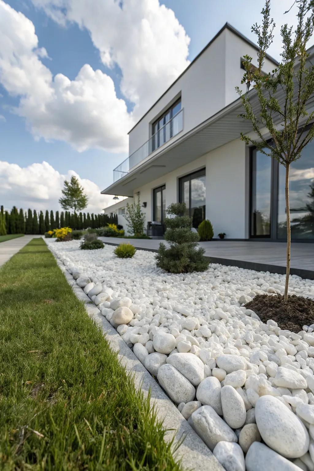 An alabaster stone landscape delivers an effortless lawn substitute.