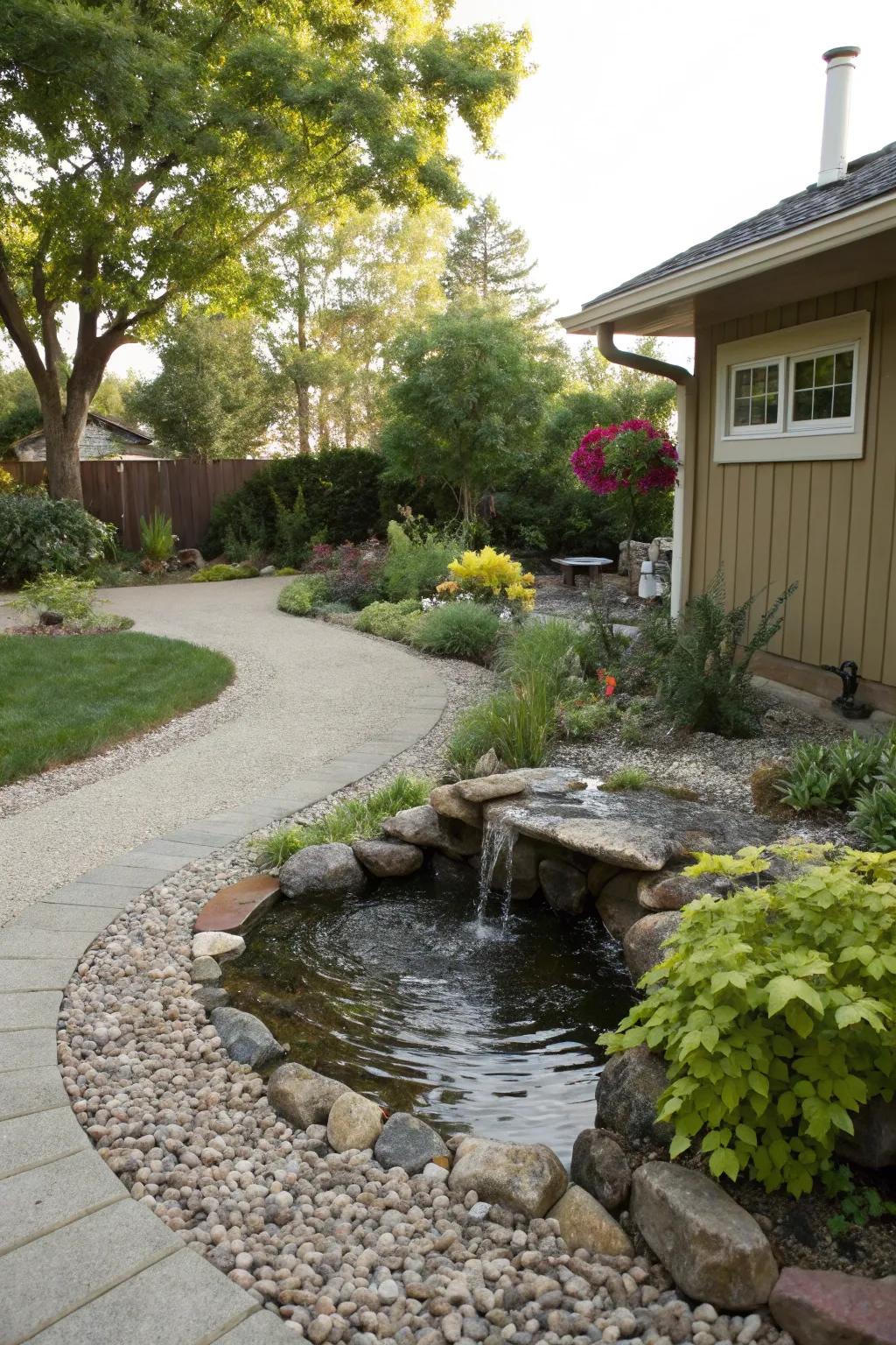 A diminutive aquatic feature among gravel engenders a tranquil atmosphere.