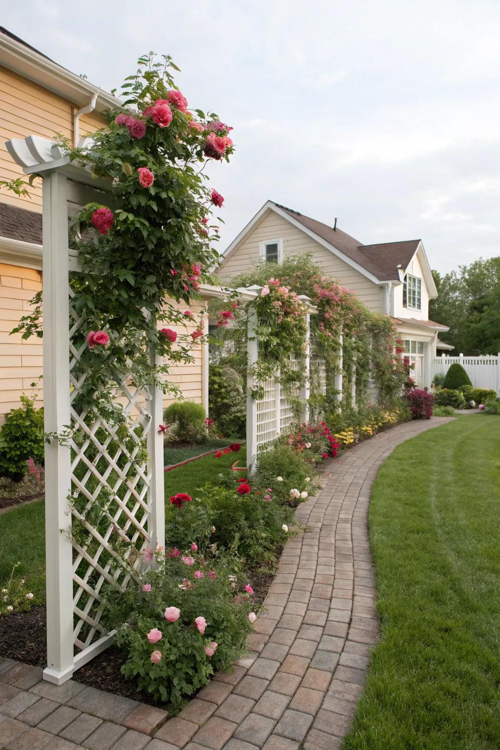 Trellises with climbing plants bring vertical interest and privacy.