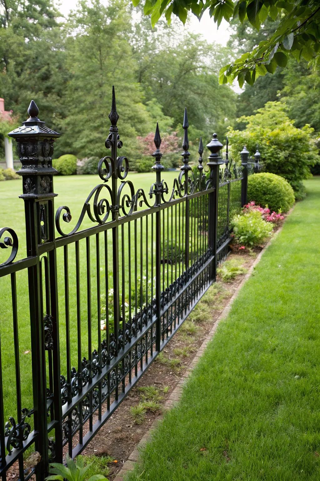 A daring ebony metal artistry barrier furnishing a theatrical contrast in a lush yard.