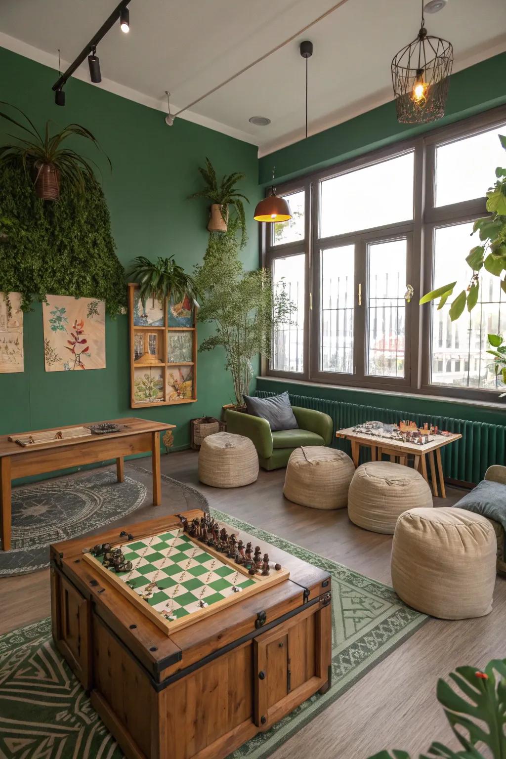 Emerald walls bring peace and a refreshing vibe to the game room.