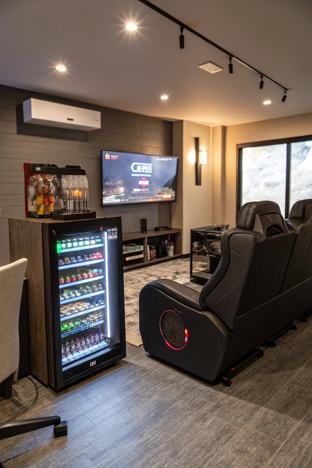 A compact chiller enhances convenience within the ultimate gaming setting.