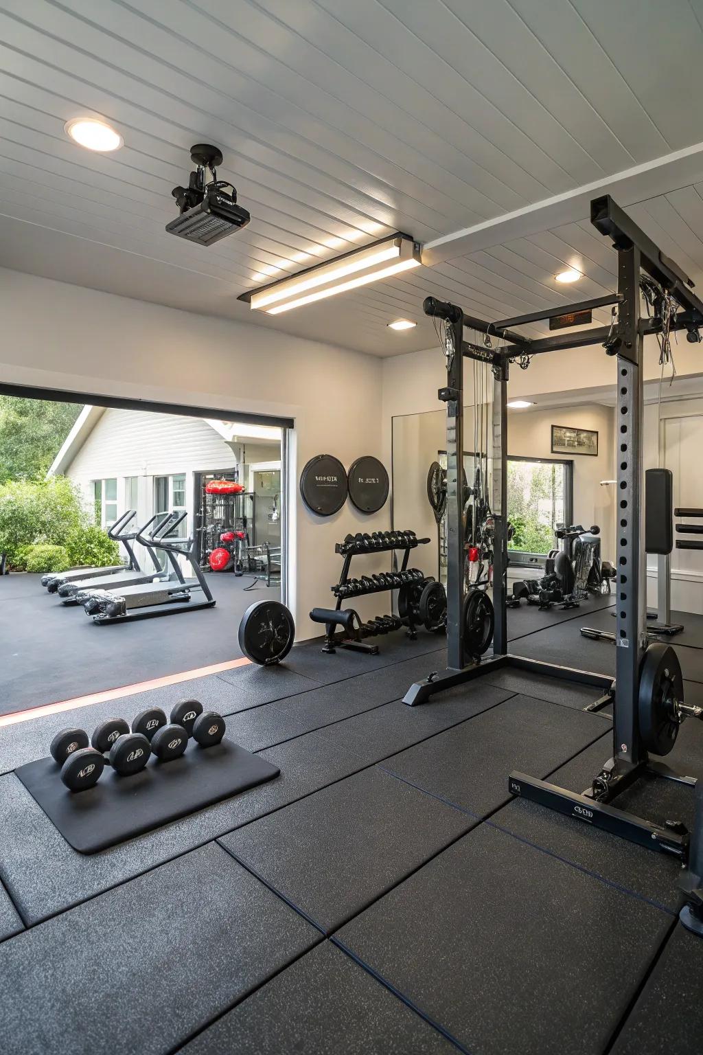 A fully functional gym within a garage.