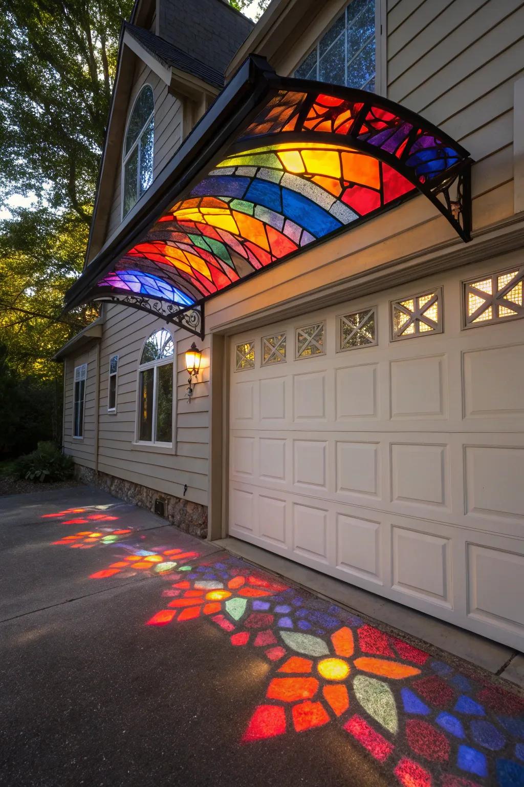 Artistic stained glass awning with vibrant light effects.