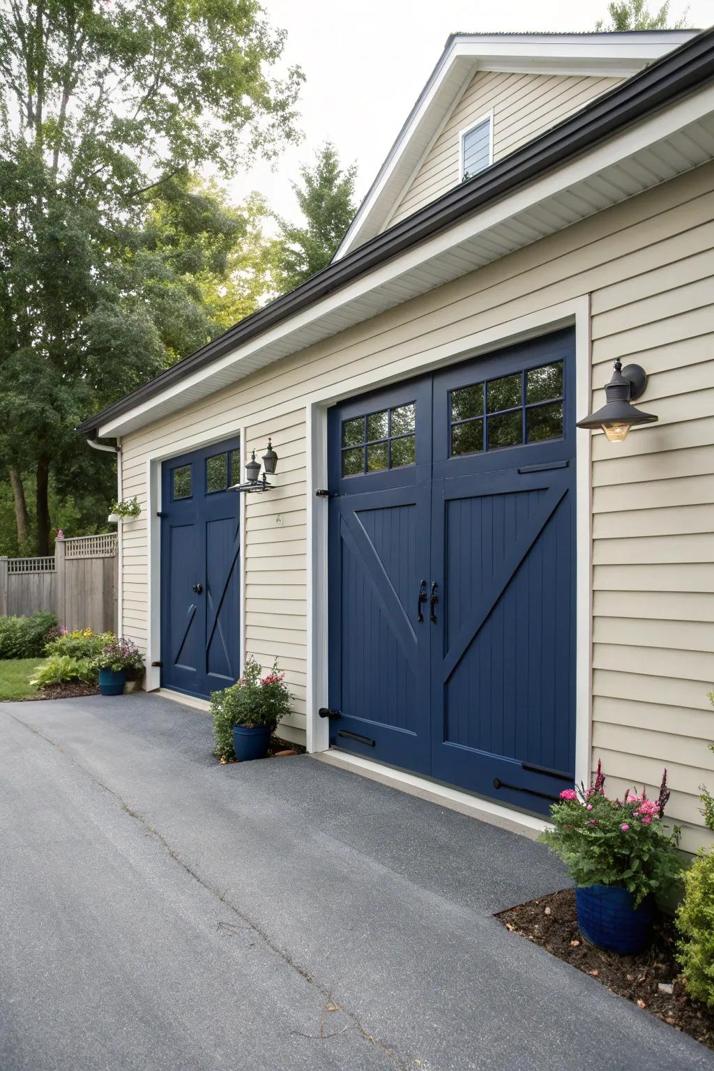 A garage that commands attention with its vibrant navy doors.
