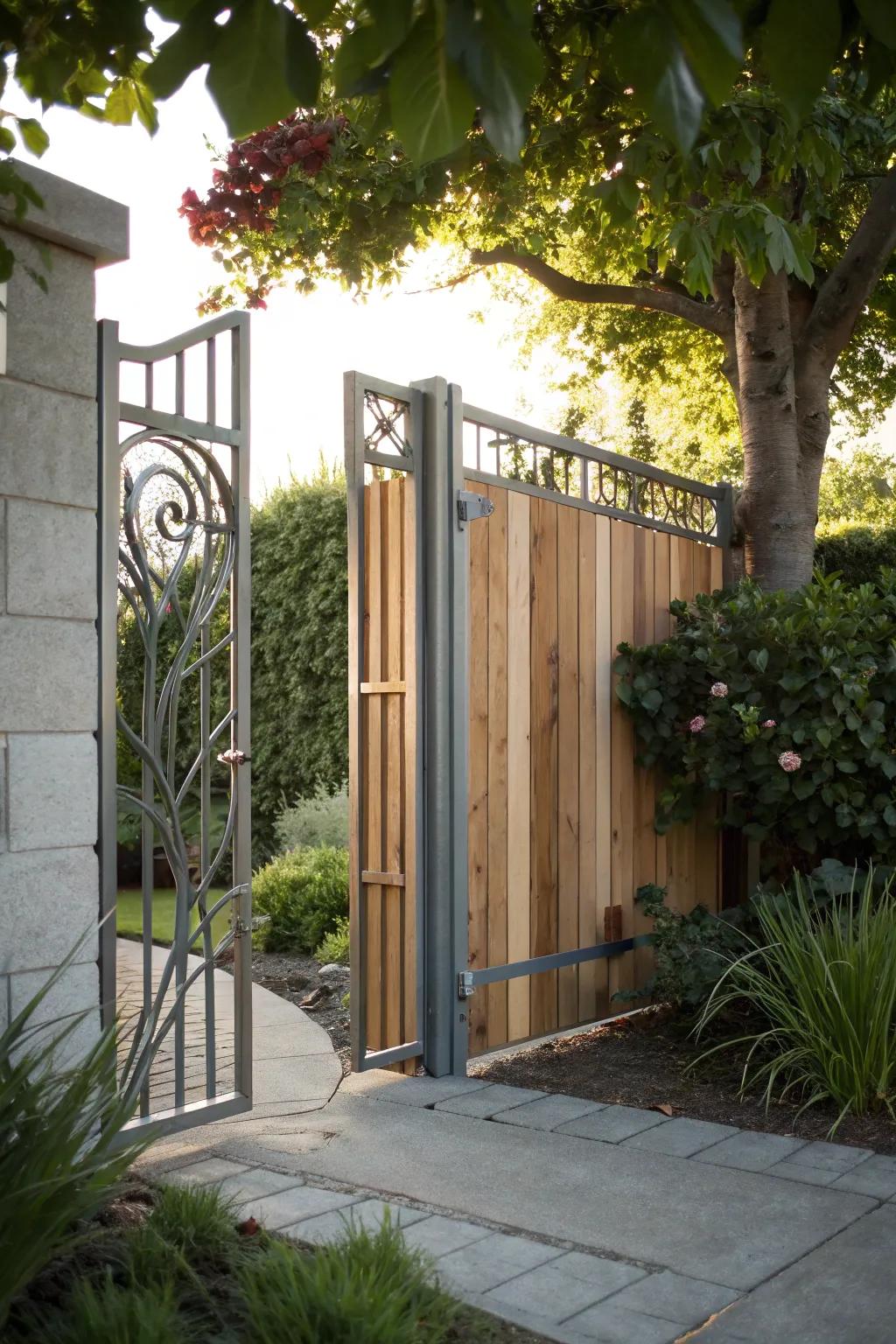Modern garden gate uniting metallic elements and timber for flair and robustness.