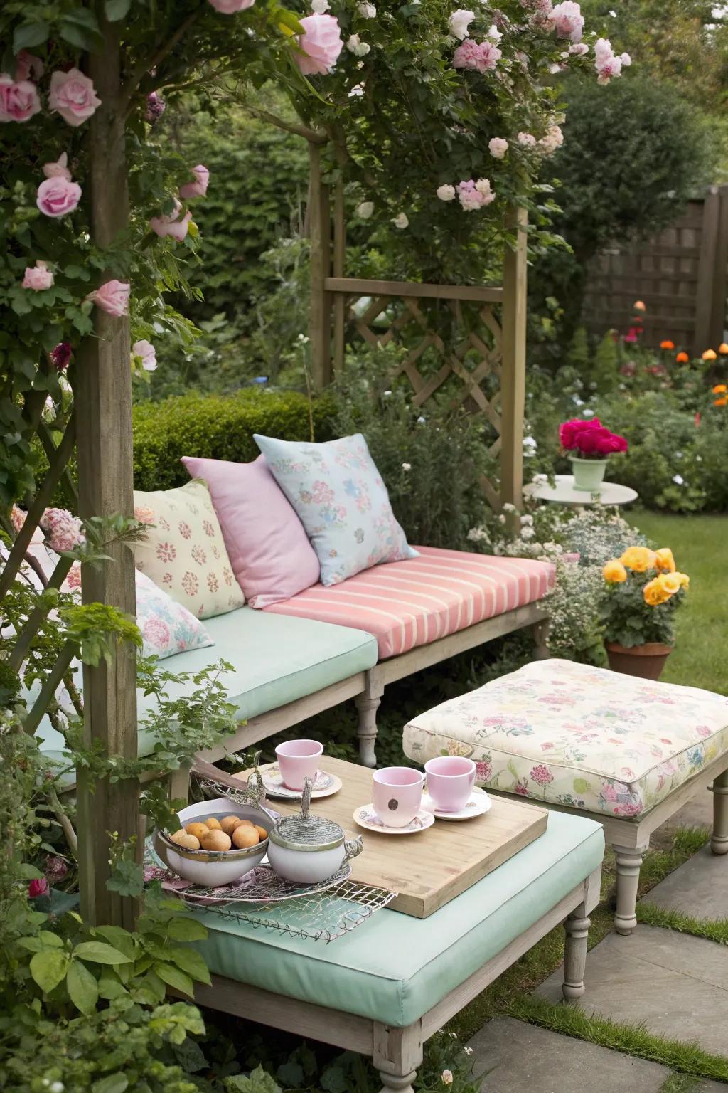 Plush cushions encourage guests to linger and relish the tea party.