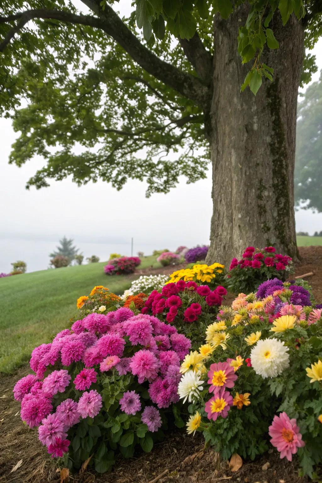 Lush, colorful flowers flourishing around the base of a tree.