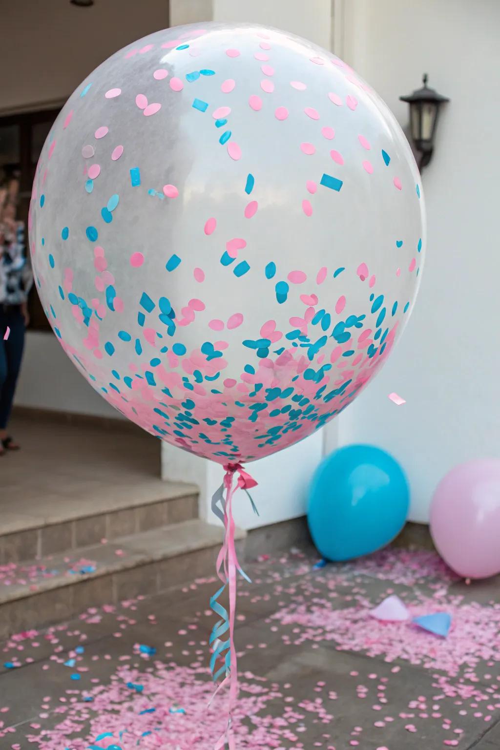 A suspenseful balloon pop, poised to reveal the big secret.