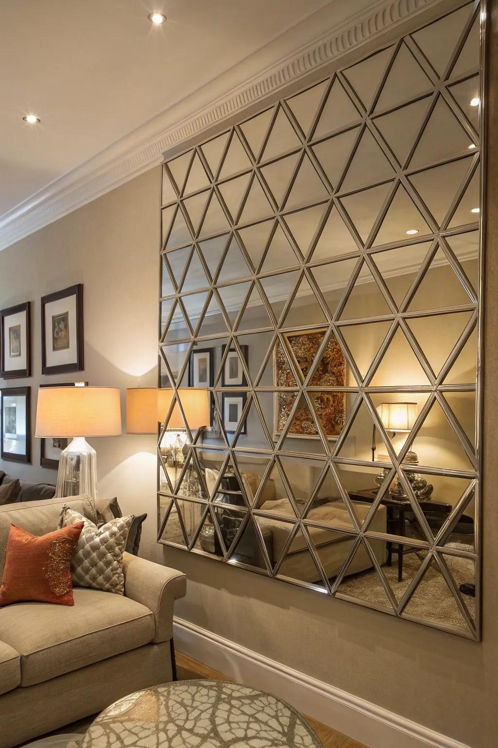 Mirrored geometric art boosts light and adds a touch of luxury.