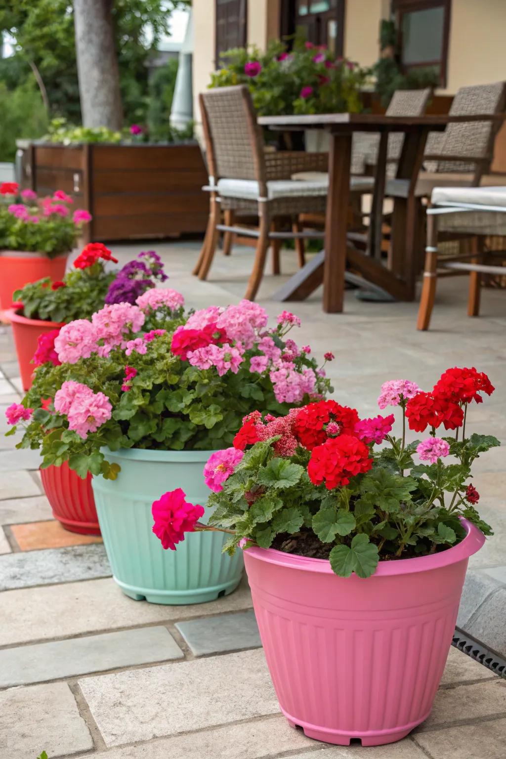 A vibrant assortment of polymer pots, overflowing with pink and red geraniums, brightens a sunny patio.