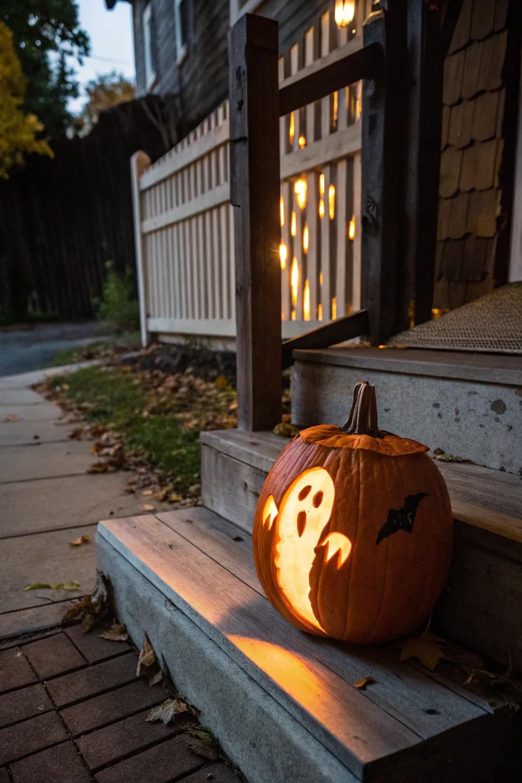 A sculpted gourd specter includes a spectral radiance to your Halloween style.