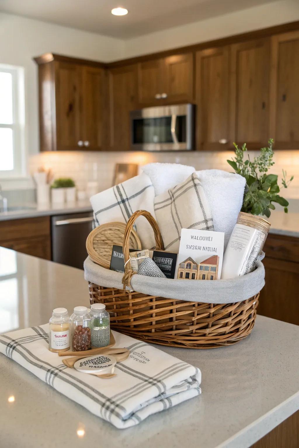 A home-welcoming gift basket brimming with practical objects.