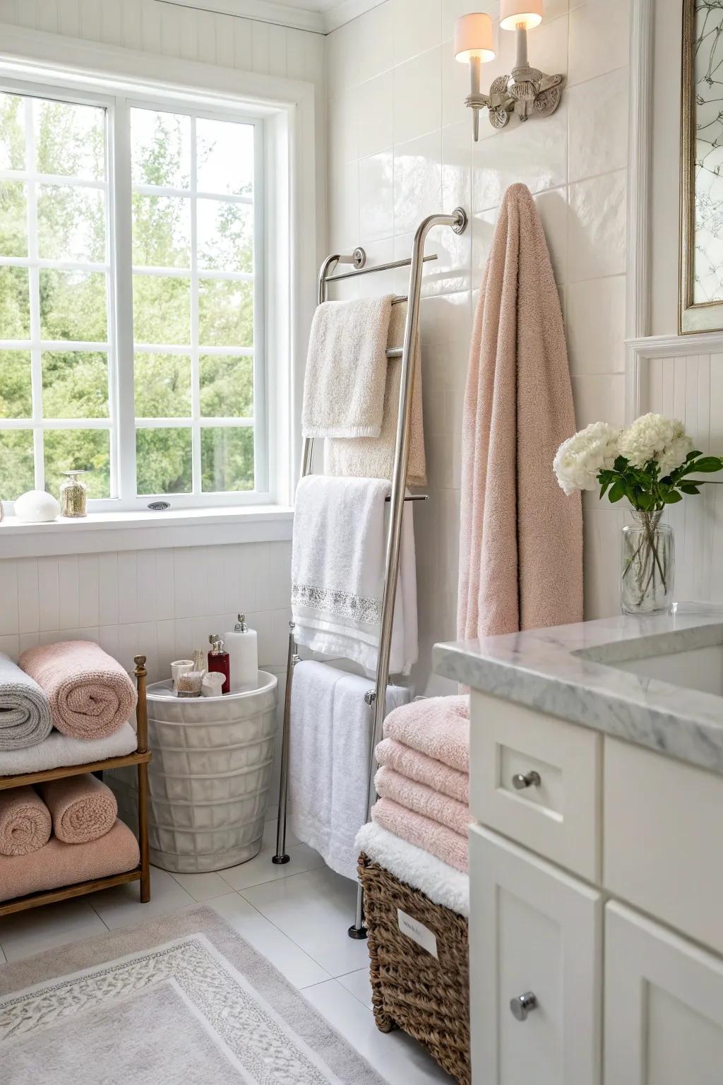 A welcoming bathroom scene showcasing plush towels and soft textile accents.
