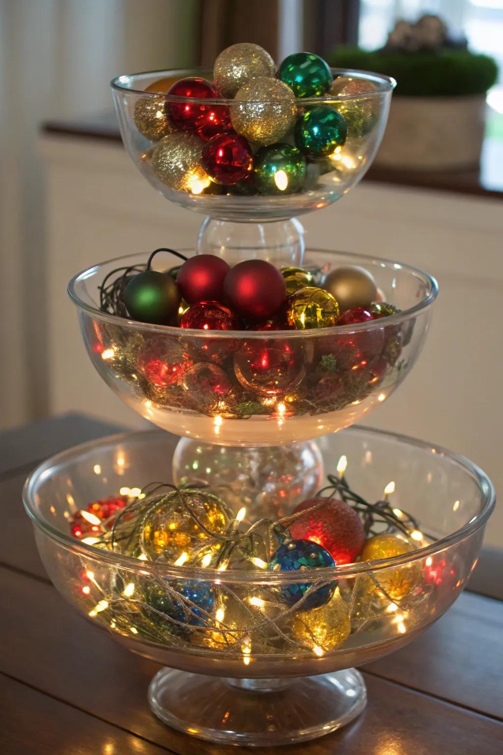 A breathtaking graduated presentation of crystalline bowls replete with Yuletide motif.