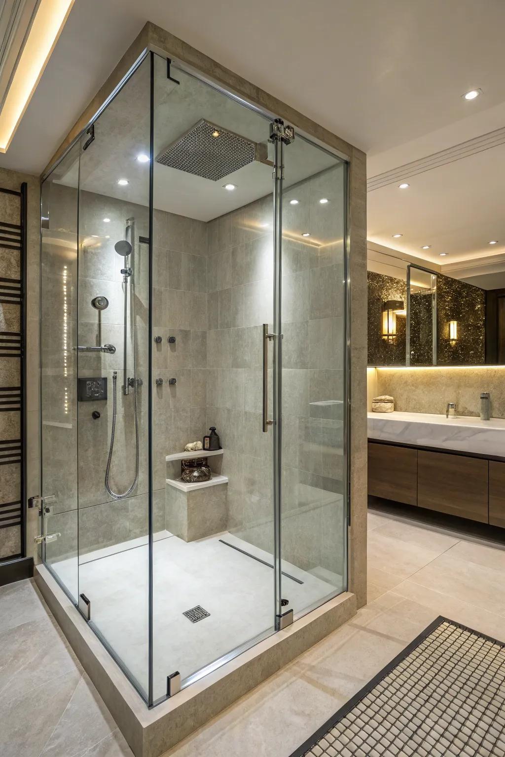 Premium fixtures elevate the shower experience.