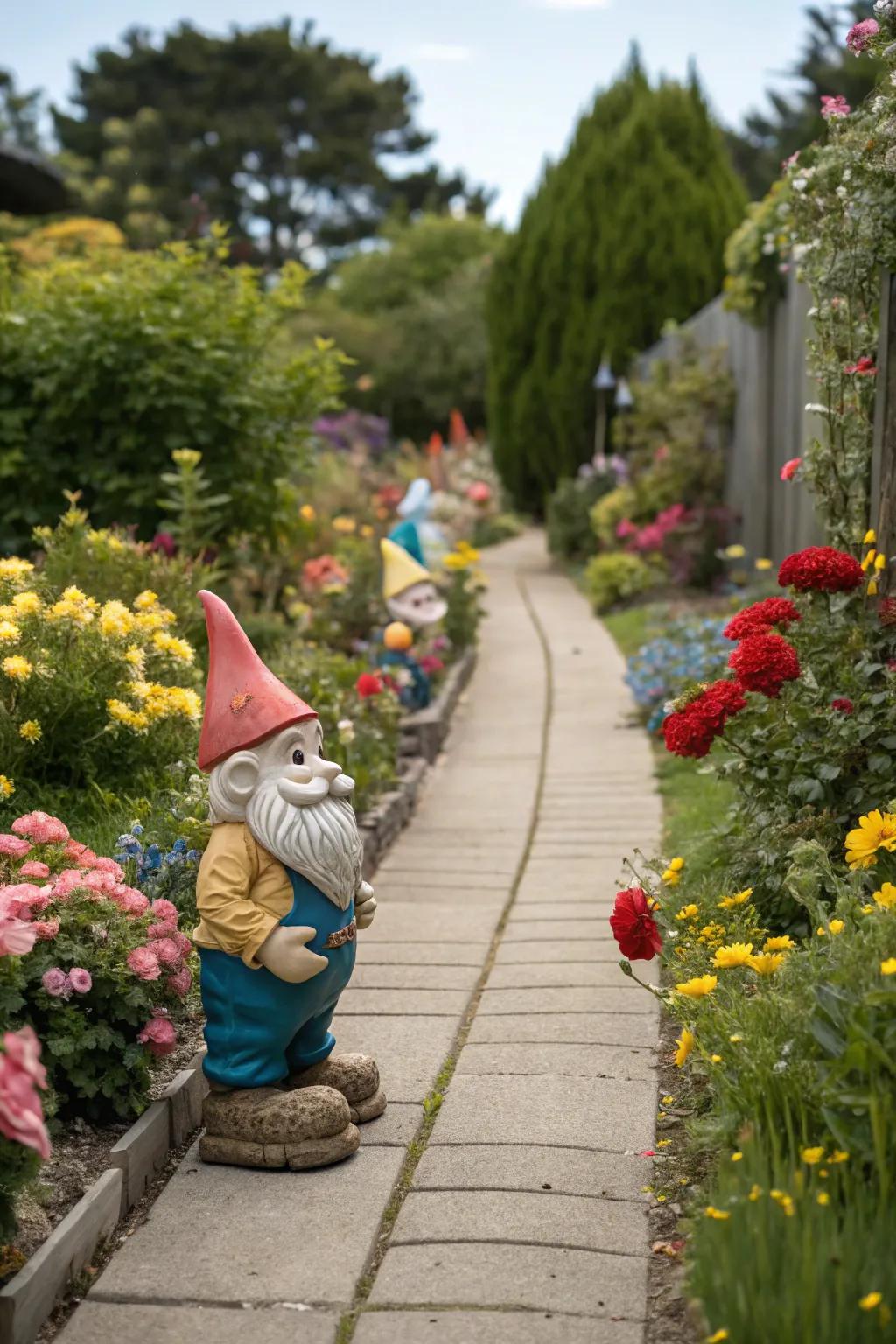 A delightful gnome parade leading through a garden path.