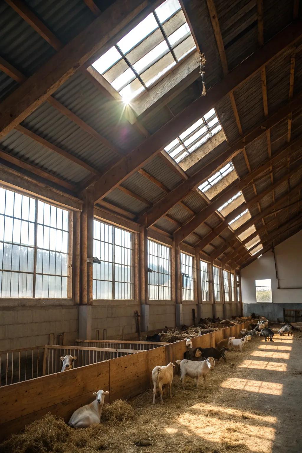Large windows and skylights brighten this goat barn.