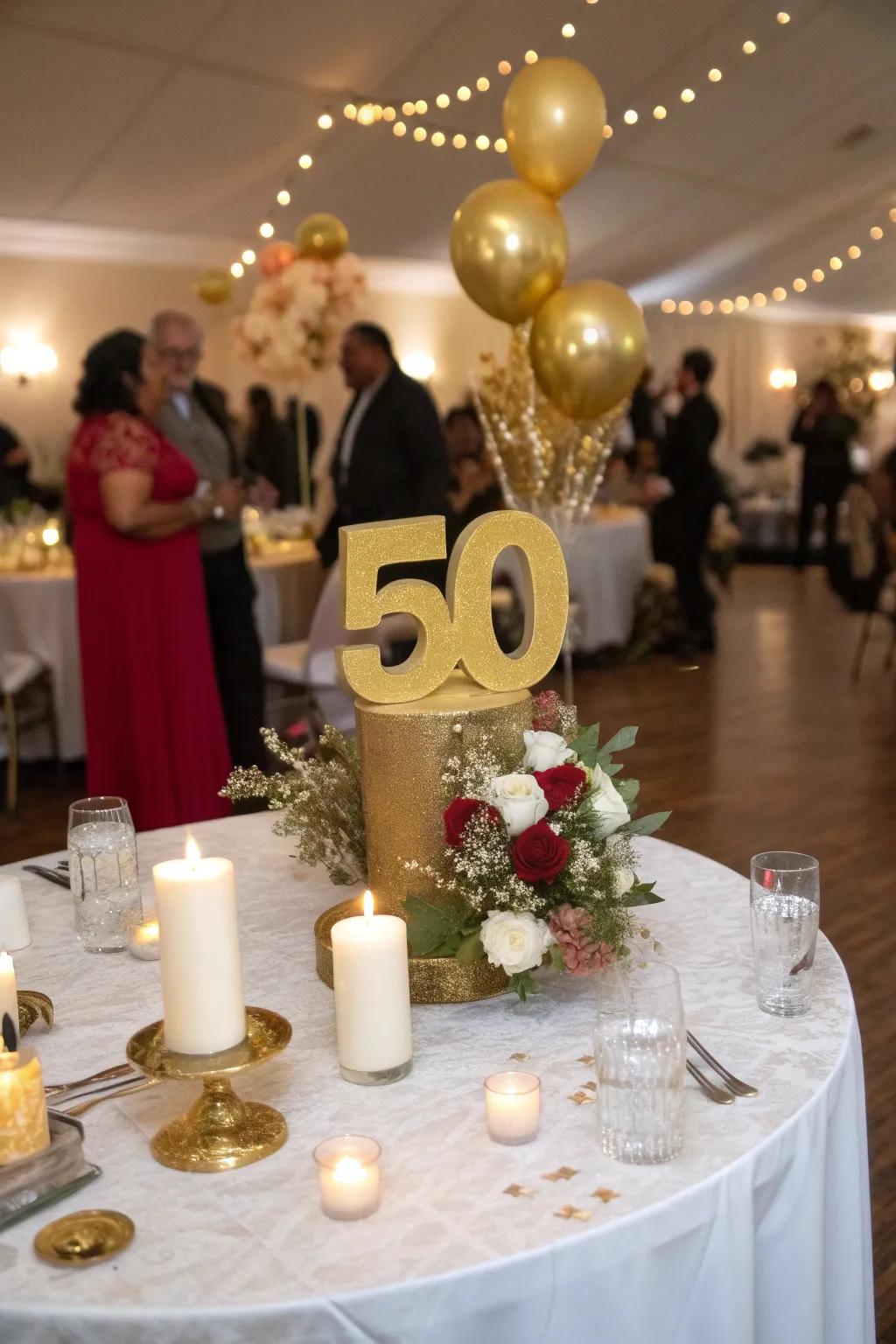 Large gilded '50' centerpieces establish an impressive focal attraction.