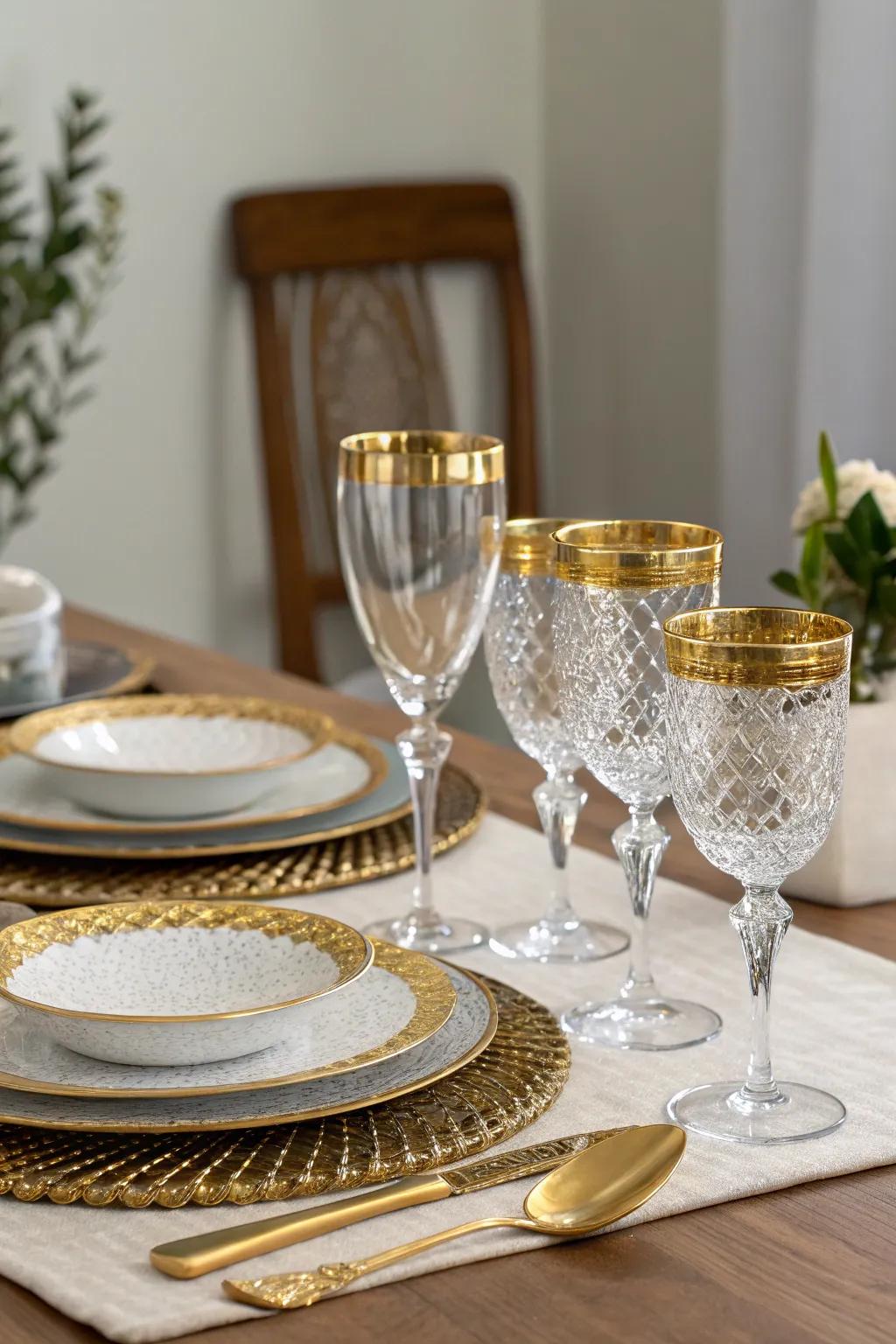 Luxurious gilded-rimmed glassware enhancing the dining adventure.