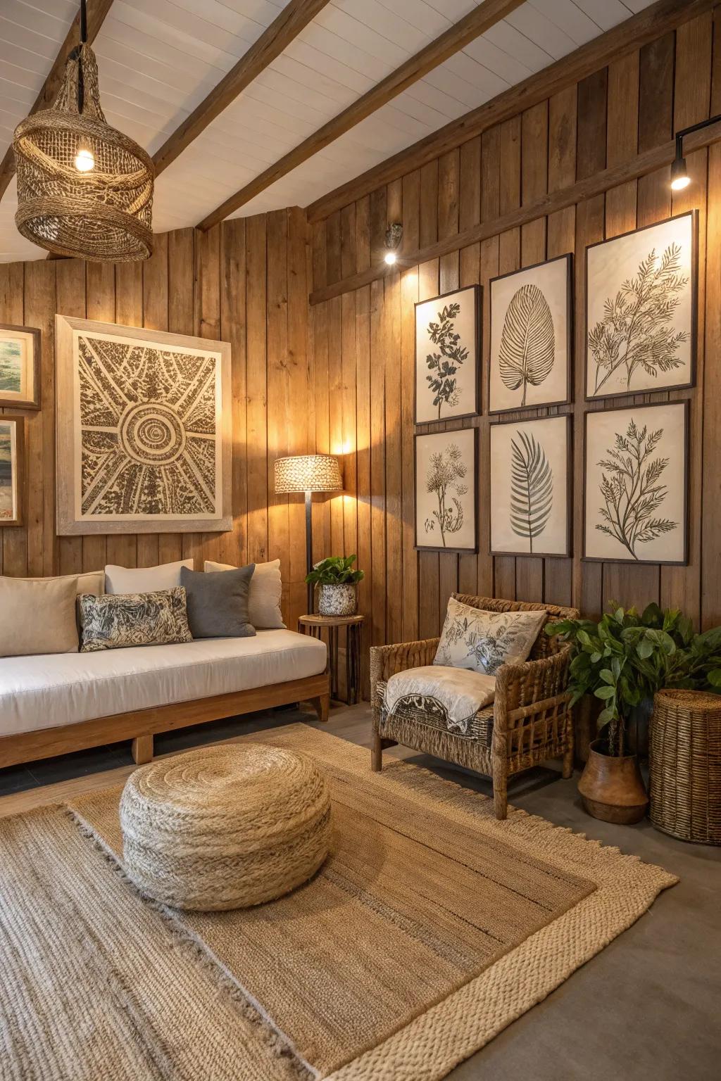 Wooden artwork gives the space warmth and texture.