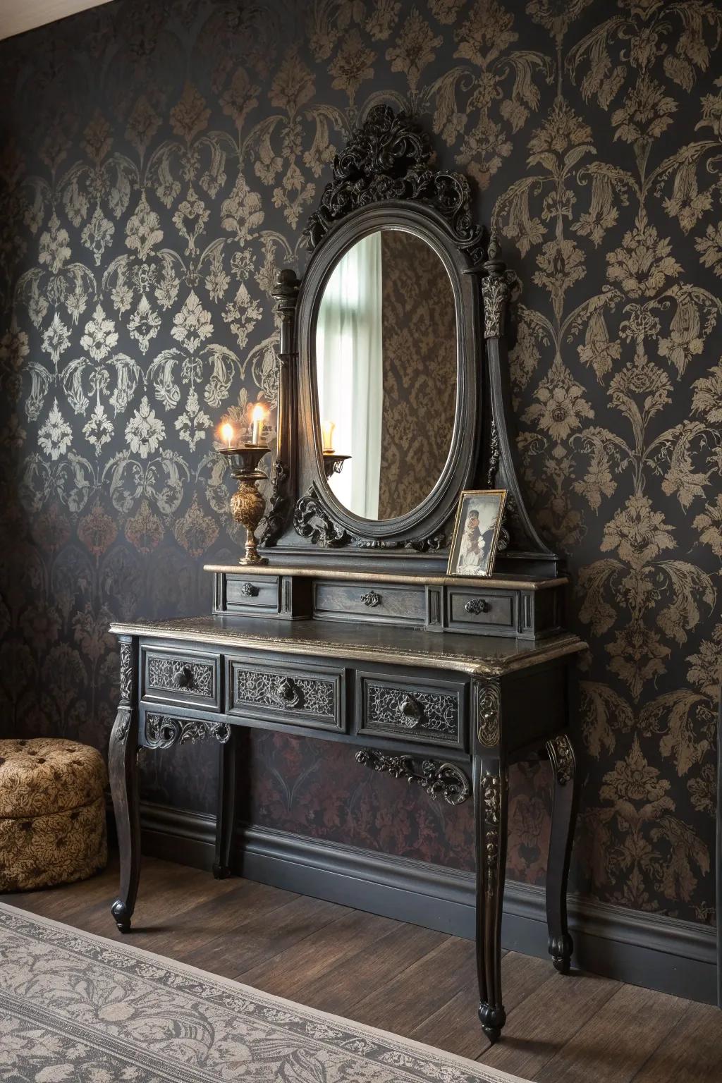 Textured wall covering offers a rich backdrop for your shadowy dressing table.