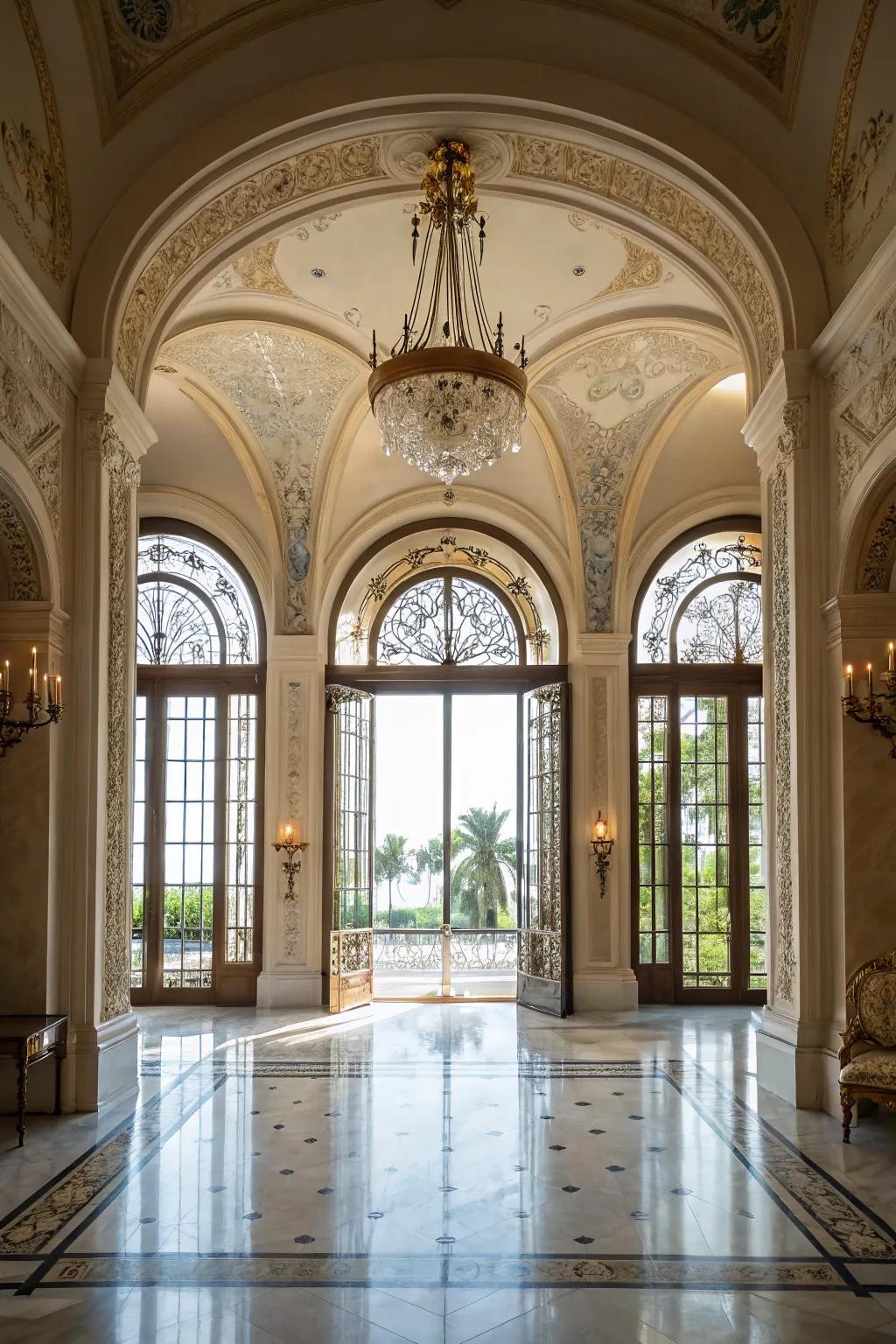 Curved entries and casements impart an element of refinement to a grand foyer.