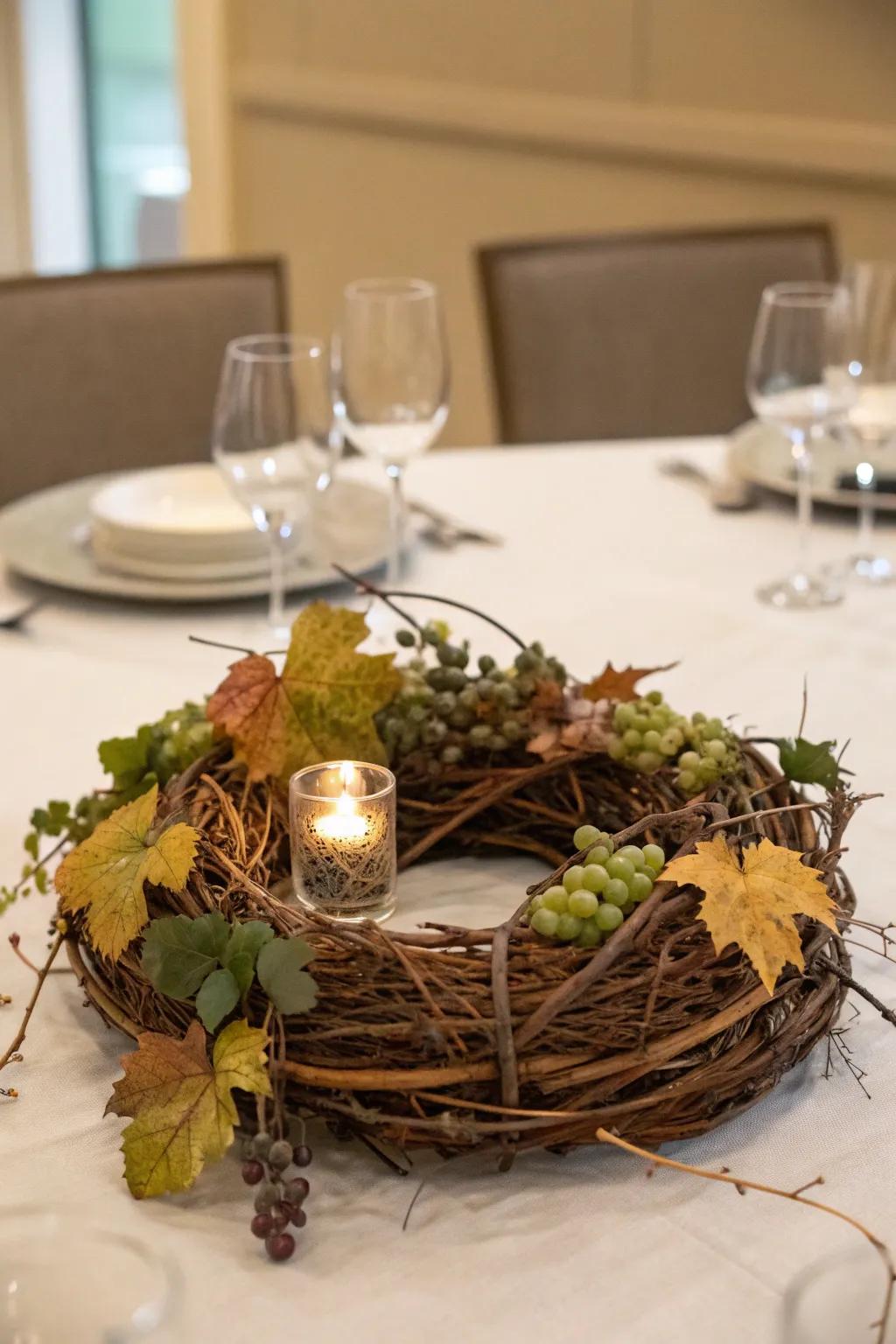 An eco-friendly centerpiece with grapevines and dried greenery.