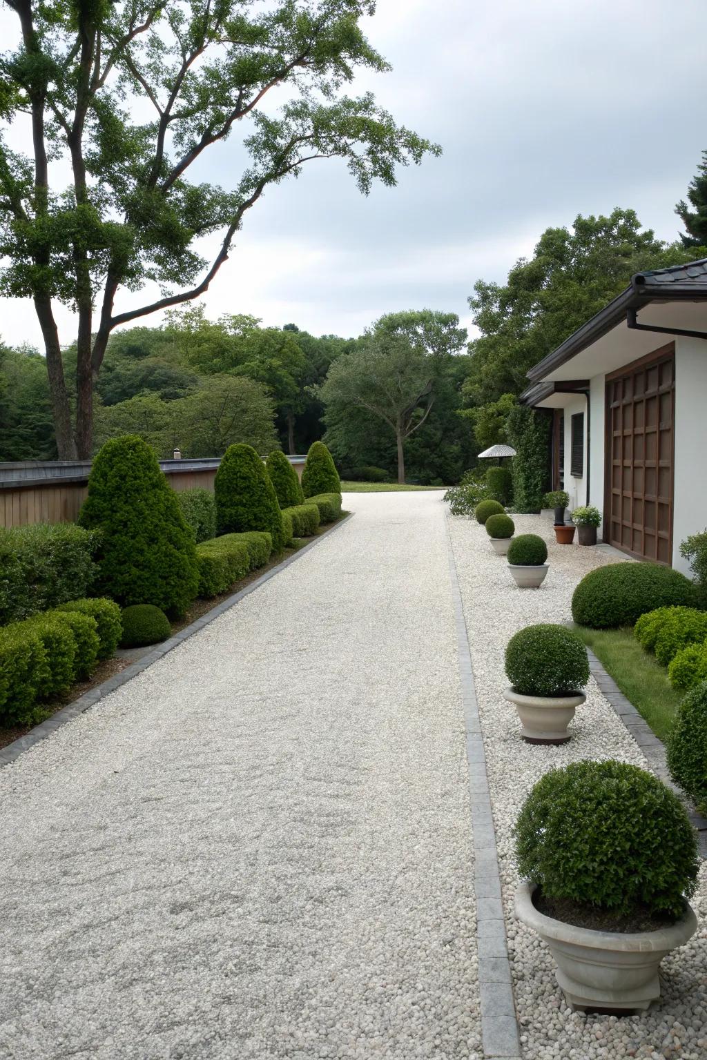 A Zen-inspired gravel pathway for a serene and tranquil entrance.