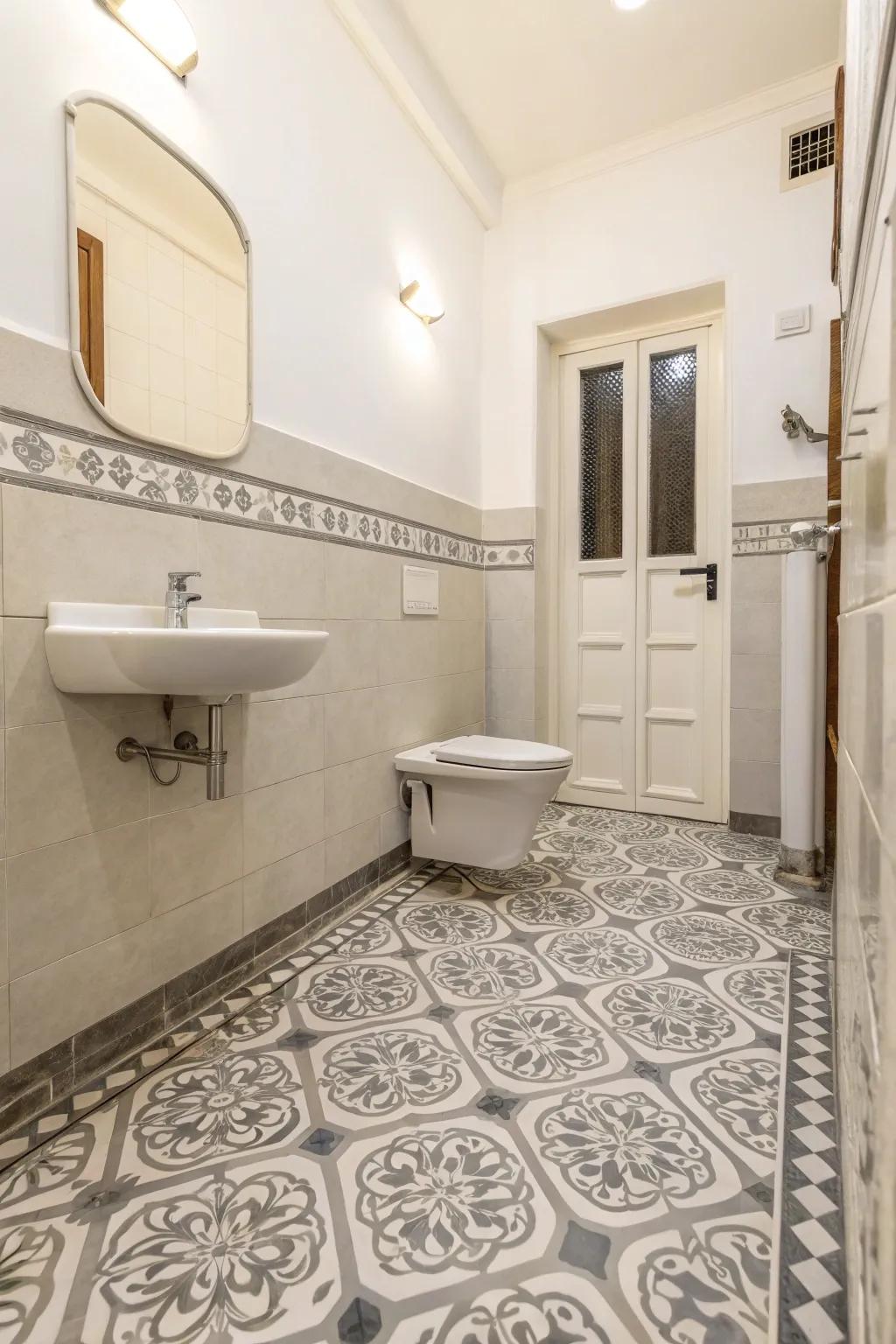 Patterned decorations bring a fun aspect to this bathroom design.