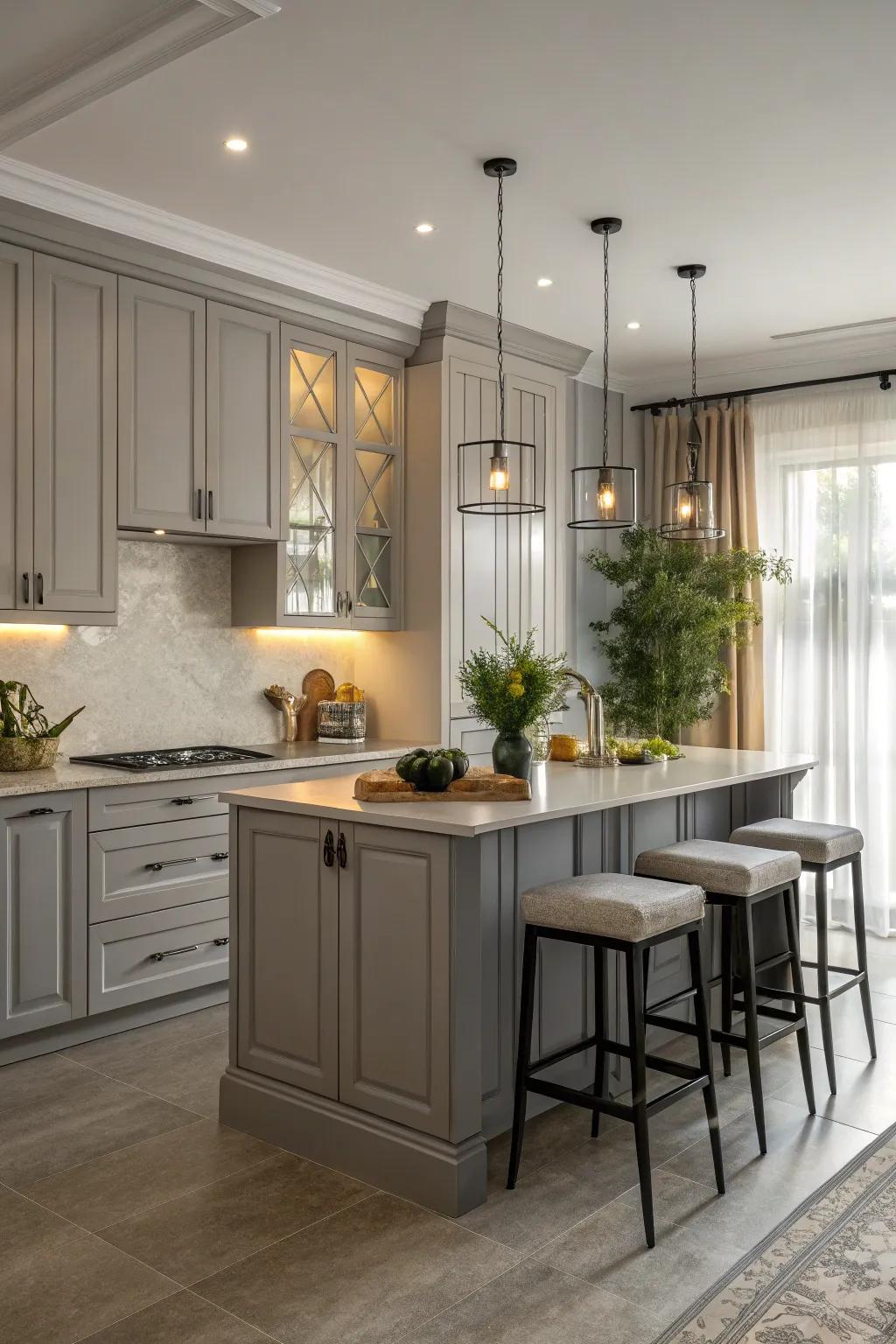 A central island enriches function and style in a kitchen featuring a gray color scheme.