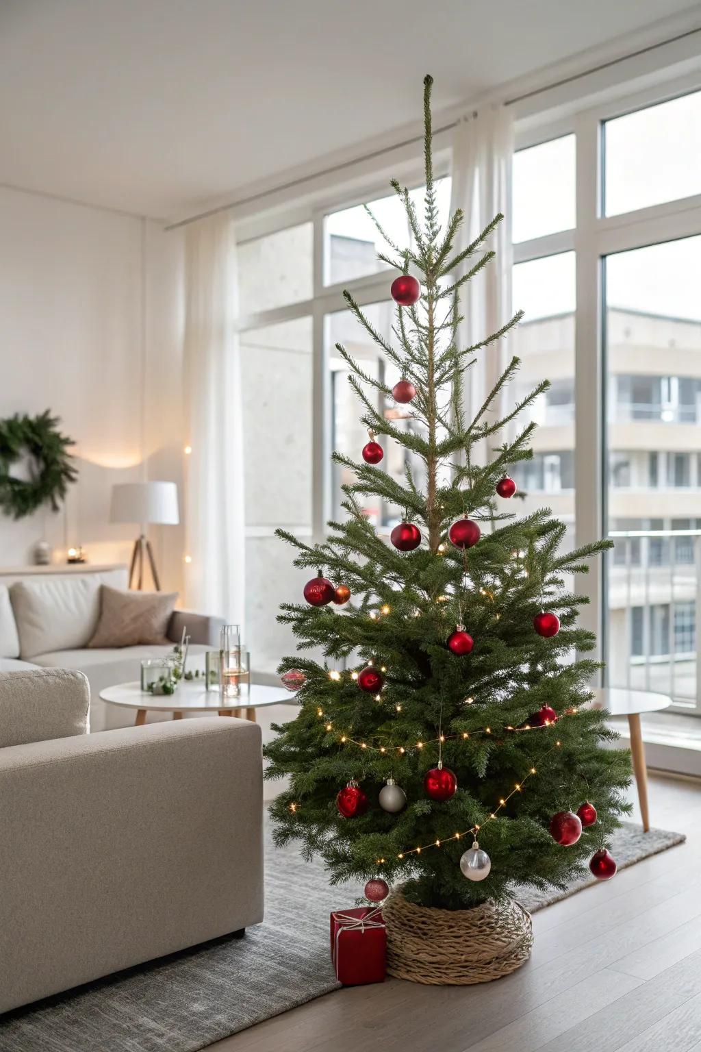 A minimalist Christmas tree with subtle red and green decorations.