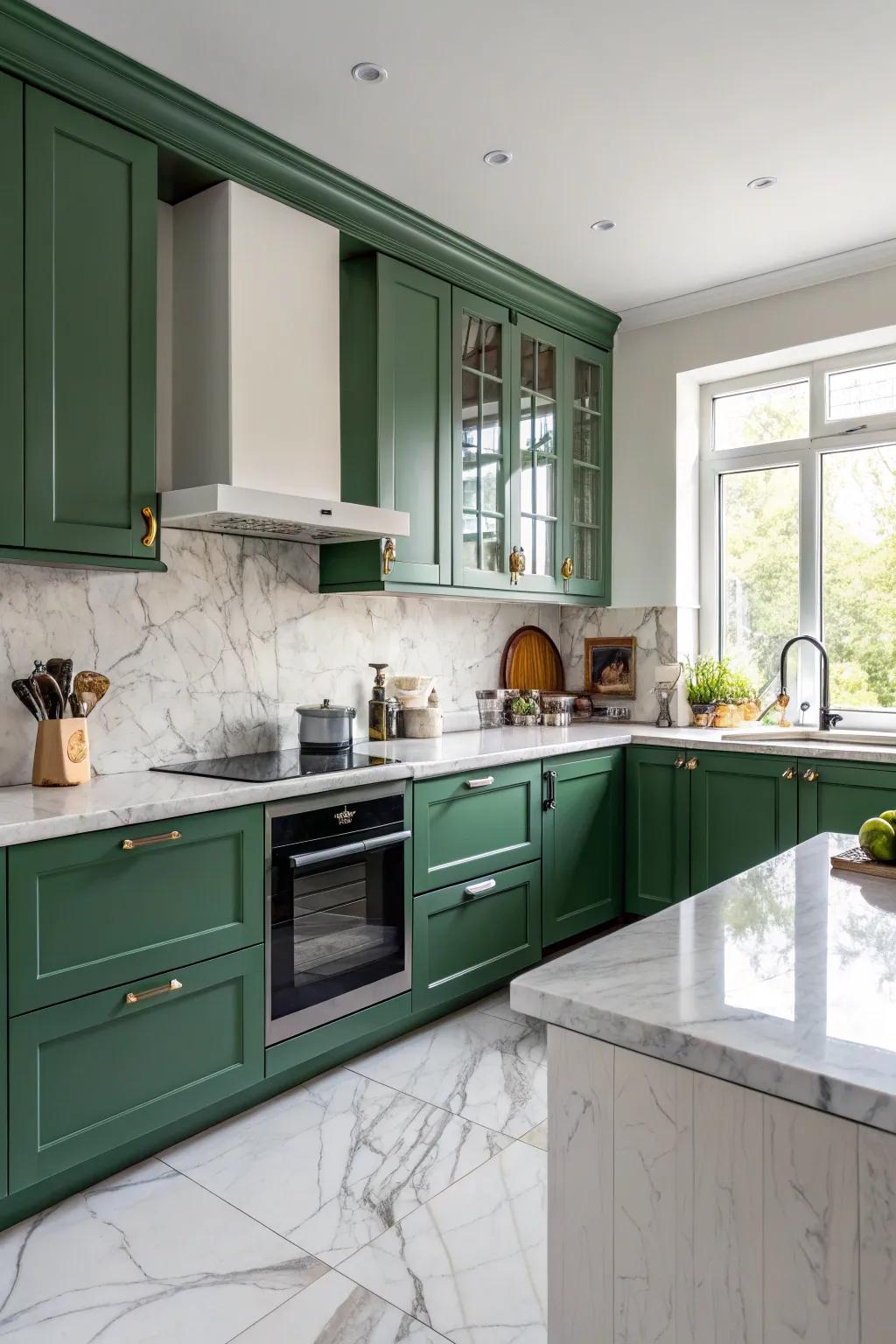 Elegant stone worktops upgrading a green kitchen.