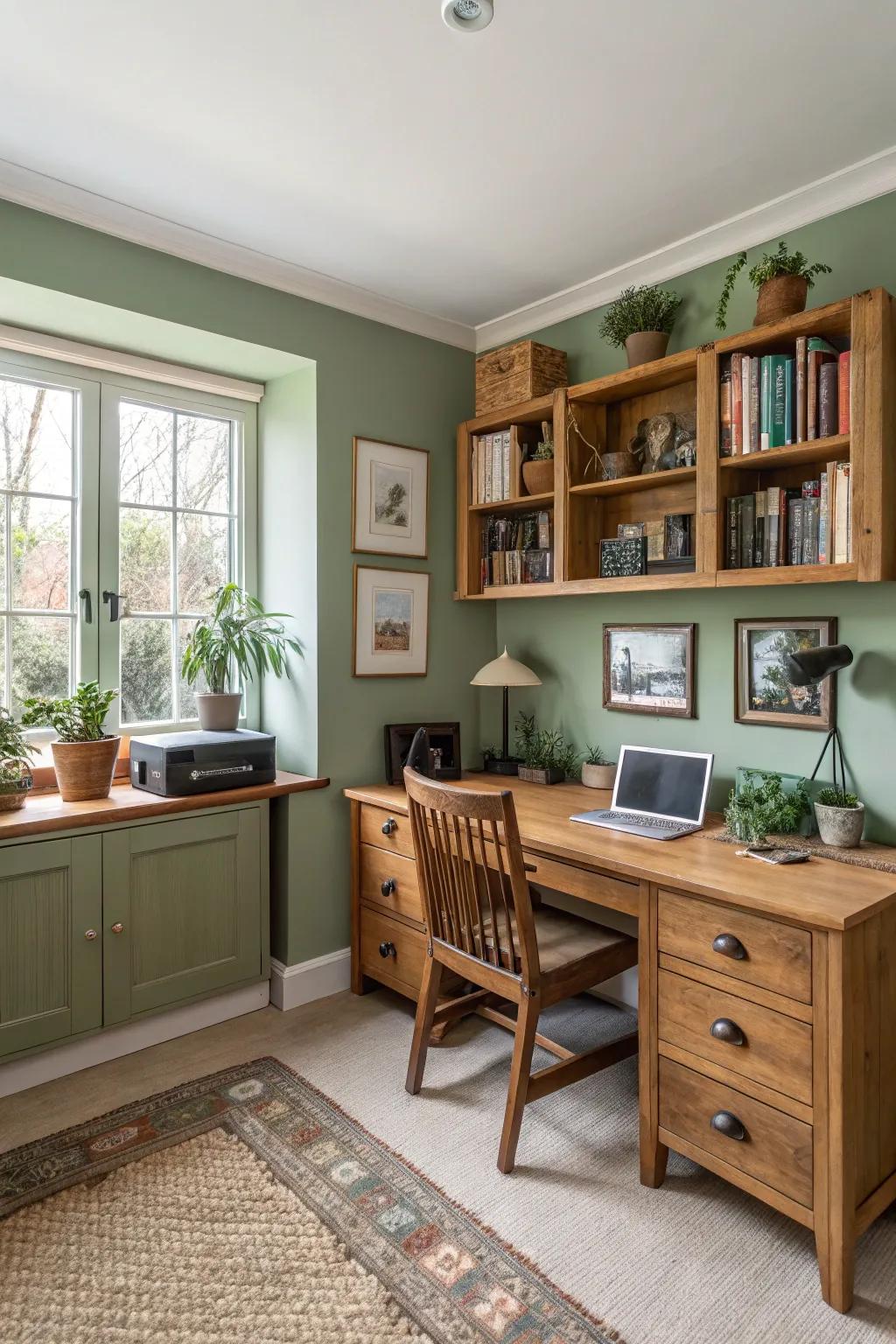 A home office featuring comforting earth tones.