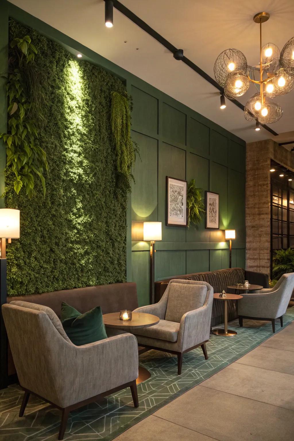 A relaxation zone where comfort blends with nature through a striking green wall.