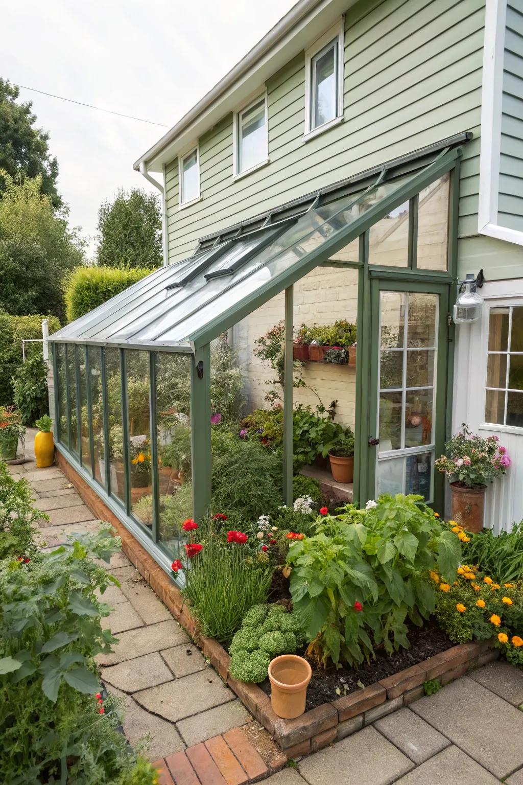 An area-conscious attached greenhouse joined to a house.