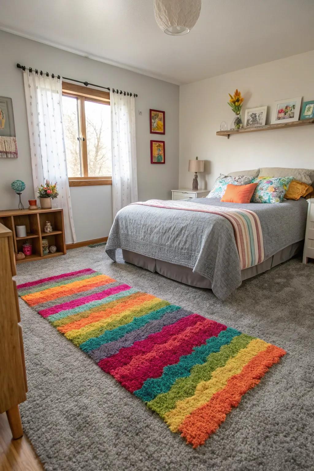 A vibrant rug adds a lively contrast to this grey carpeted bedroom.