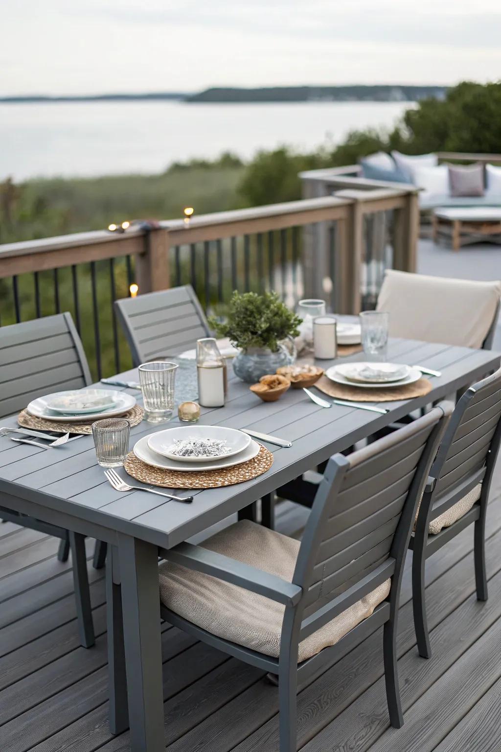 Stylish dining setup on a grey deck for al fresco meals.