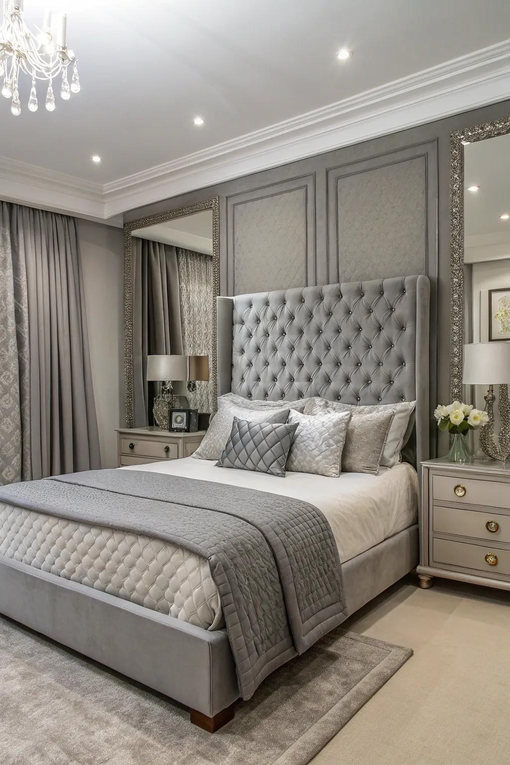 A harmonious bedroom design with a symmetrical arrangement around a grey headboard.