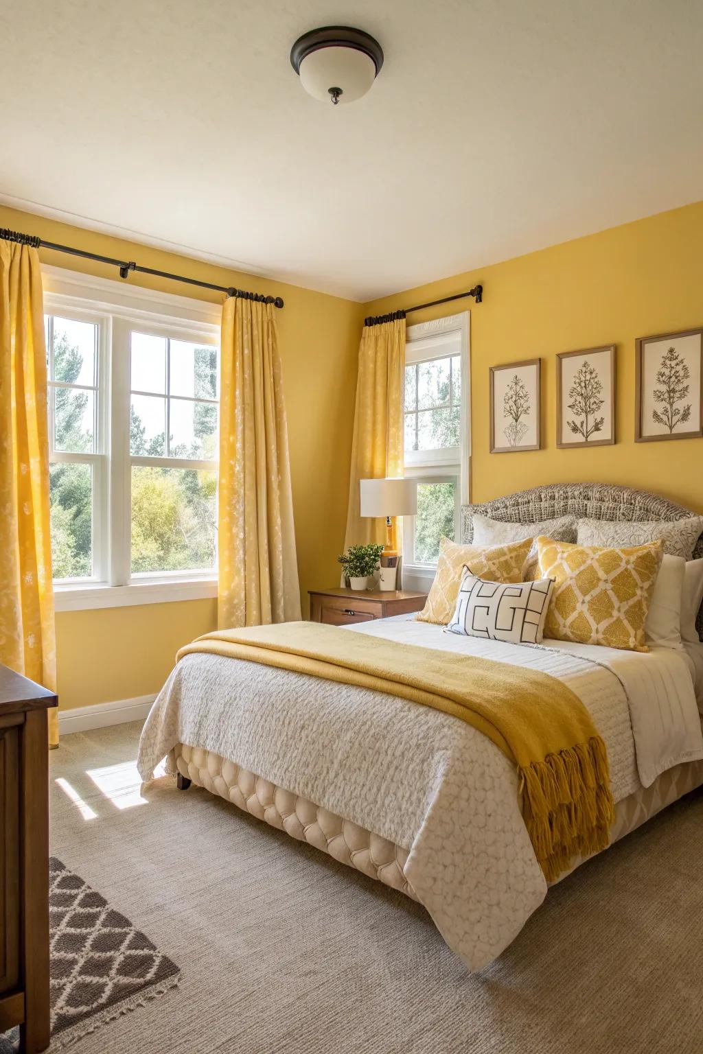 A guest room featuring bright gold details to brighten any visit.