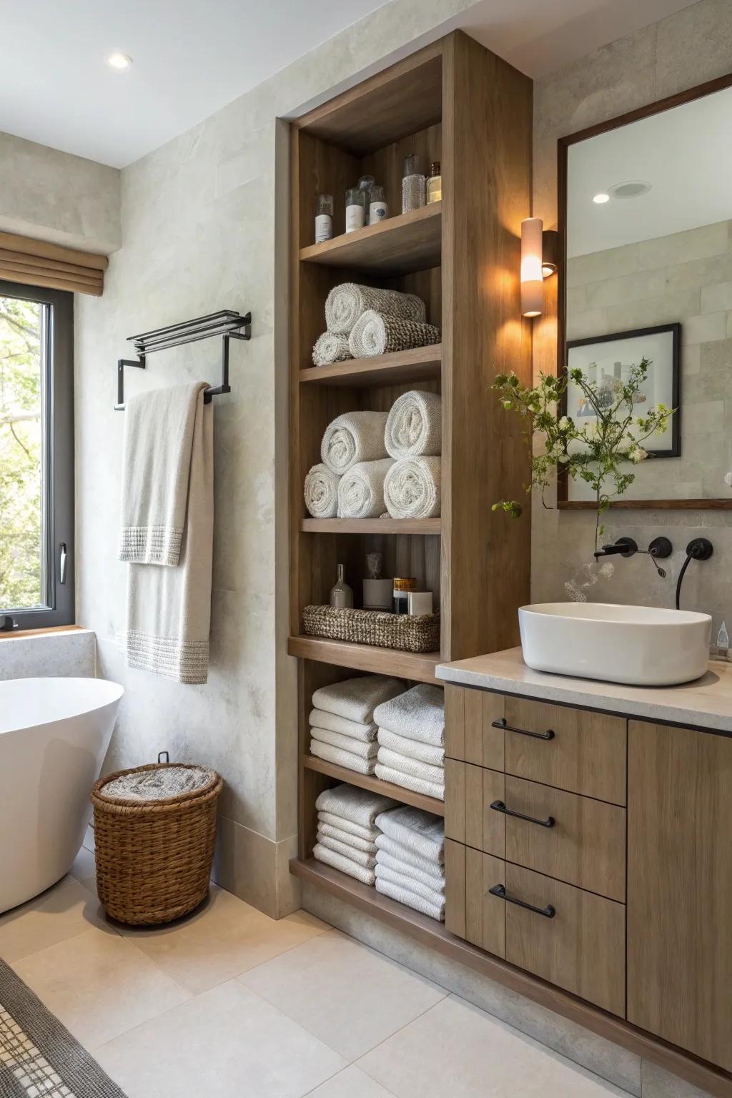 Open shelving provides both storage and display opportunities in this bathroom.