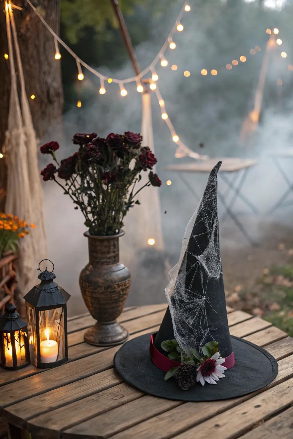 A sorceress hat bouquet bestows a whimsical and spectral nuance to Halloween styling.