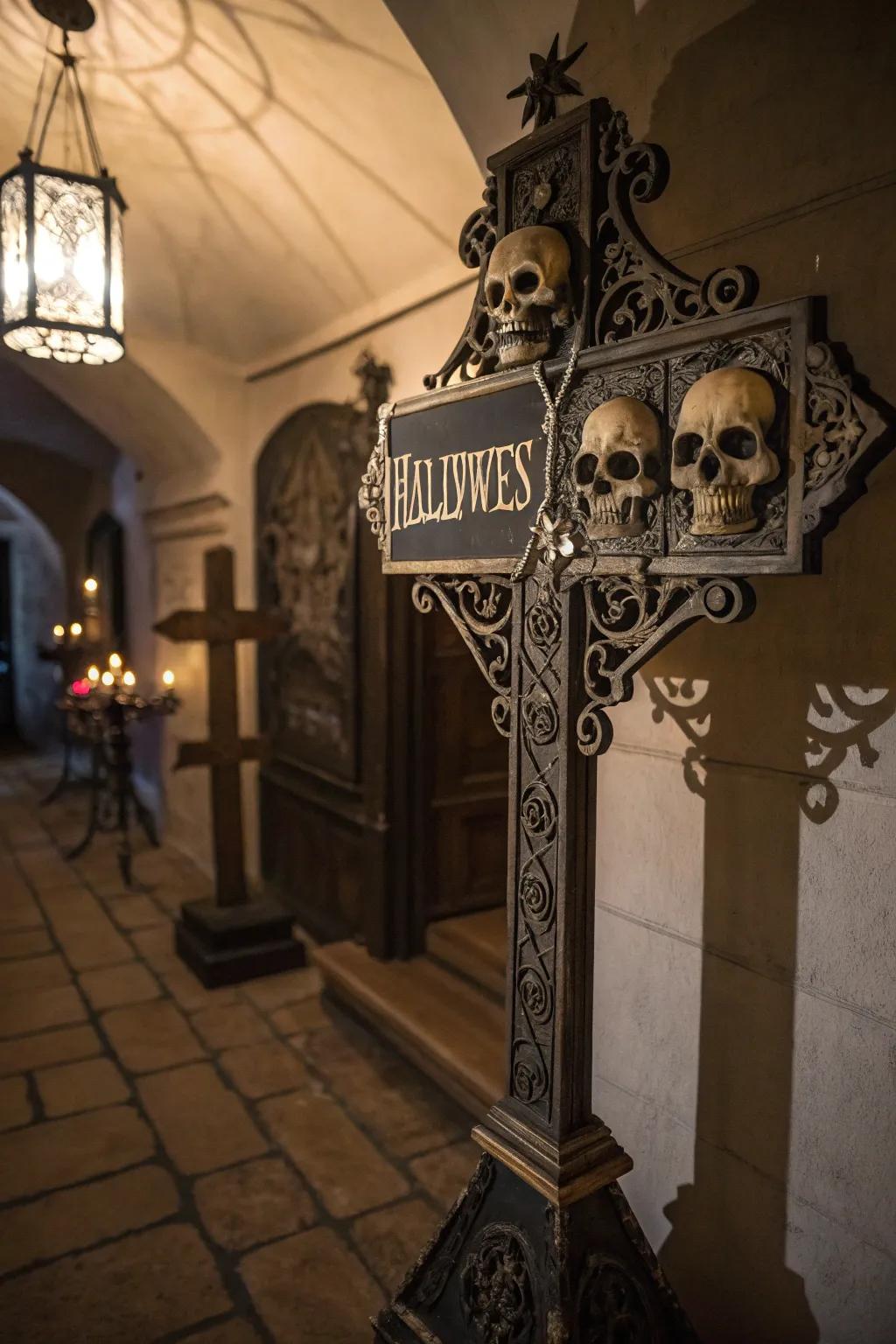 Gothic elegance with a Halloween sign and skull motifs.