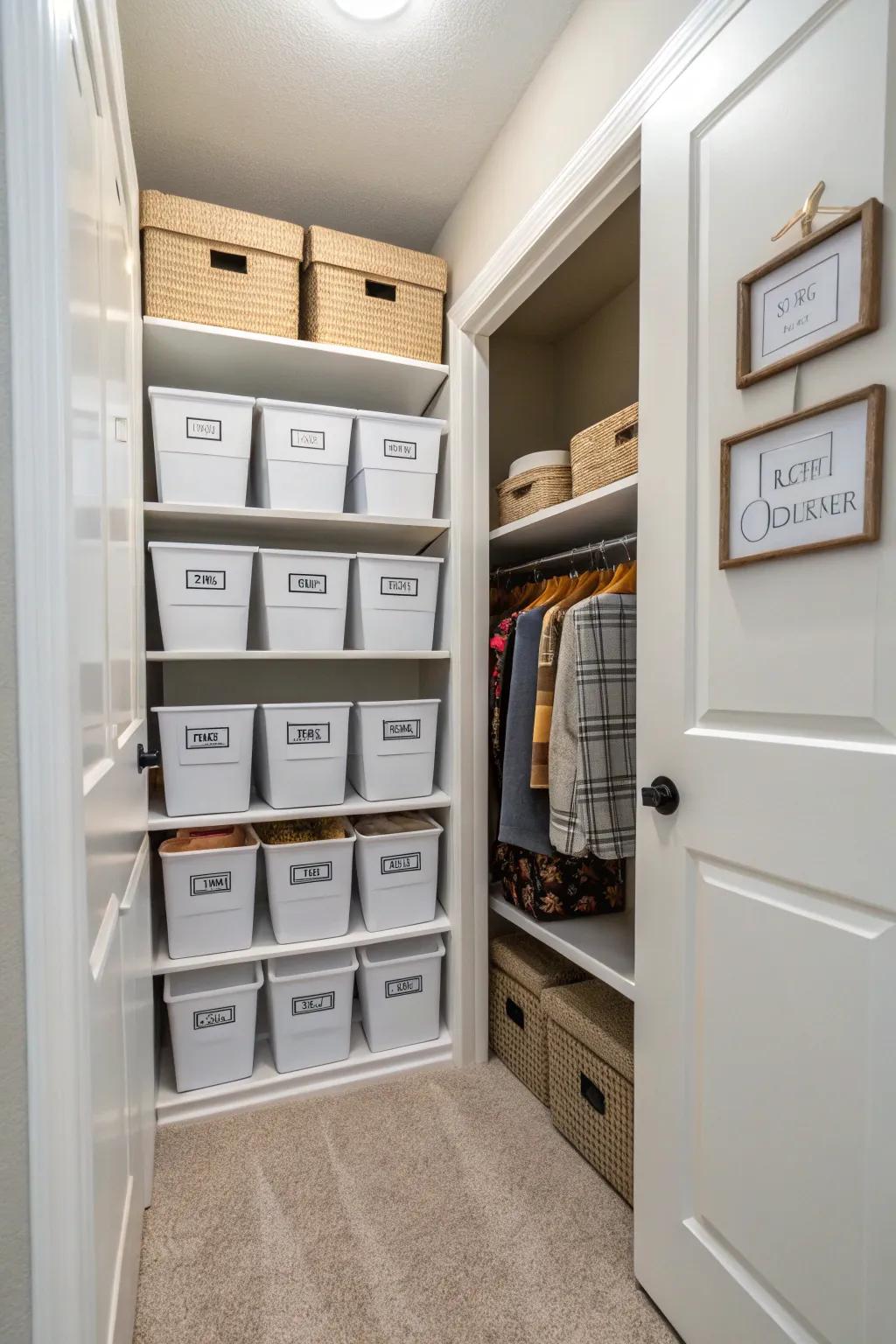 Labeled bins and boxes in a hallway closet that makes organization easier.