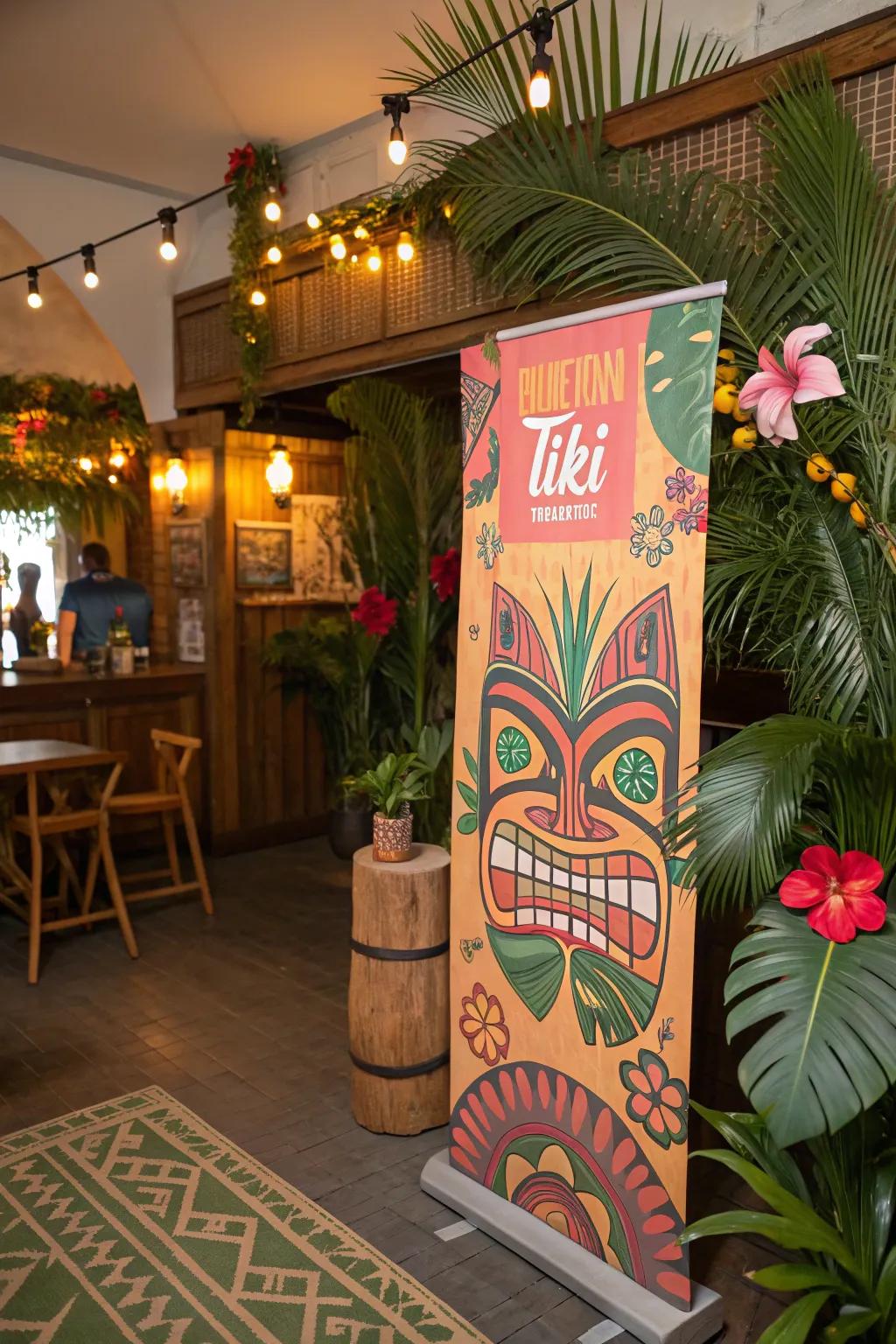 A tiki-themed visual introducing a playful element to a tropical-themed area.