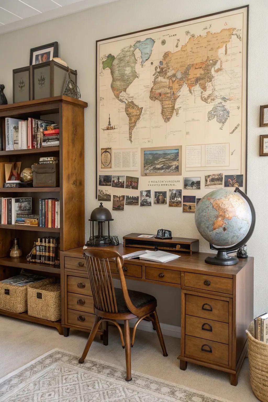 A retro map exhibit that combines history with exploration in a home office.