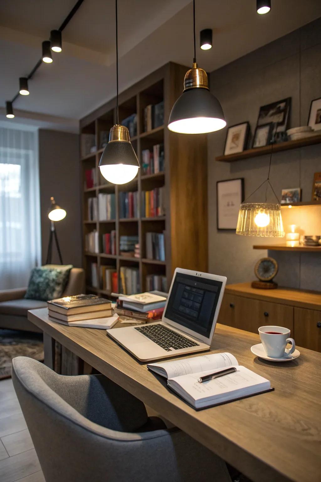 Combining lighting styles lends versatility and depth to the atmosphere of your home office.