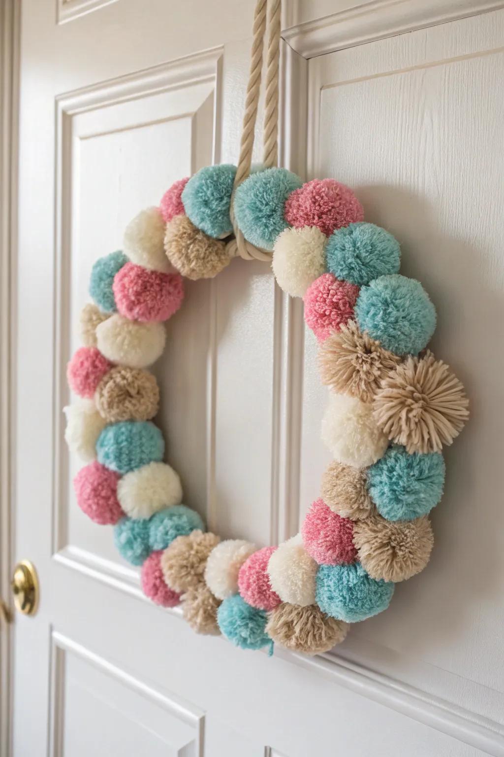 Bring a dash of playfulness to your residence with this DIY pompom and thread wreath—ideal for creative mornings with friends.